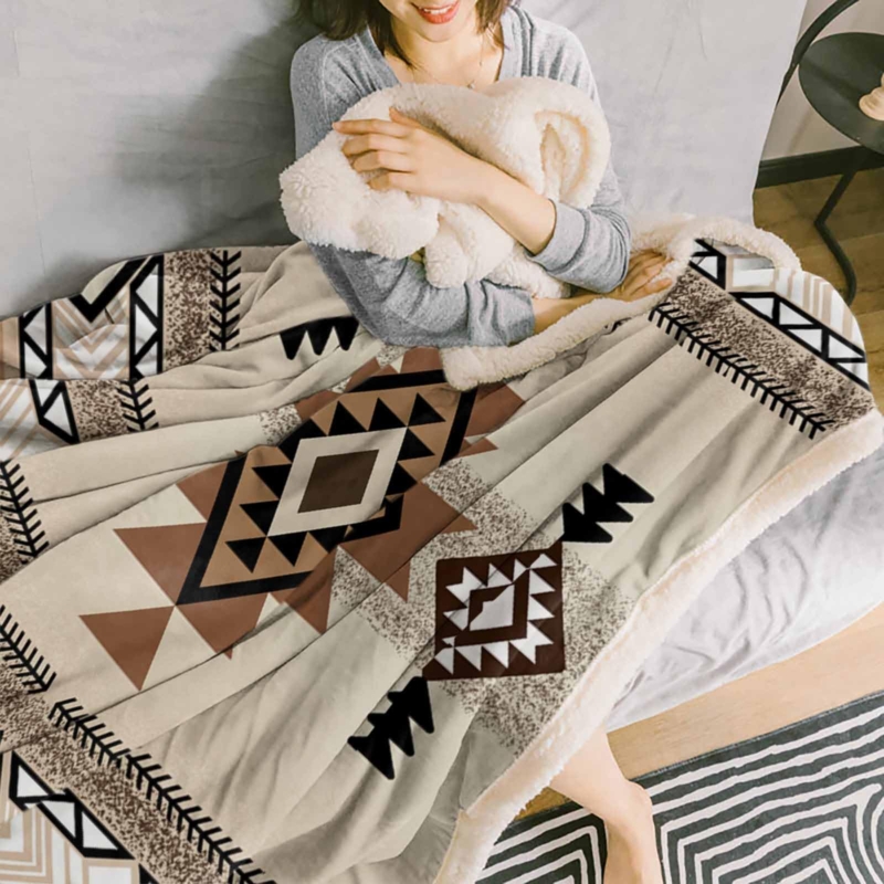 Throw Blanket Reversible Southwestern Pattern Sherpa Fleece Navy & Beige