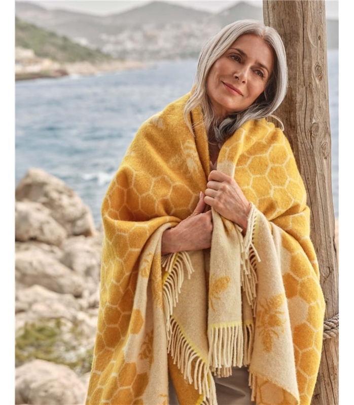 Throw Blanket Reversible Wool-like Honeybee Motif Honey Yellow & Cream