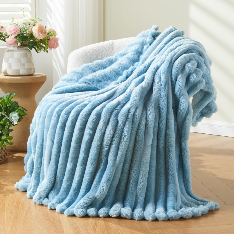 Throw Blanket, Ribbed Jacquard, Navy Blue Plush Fleece