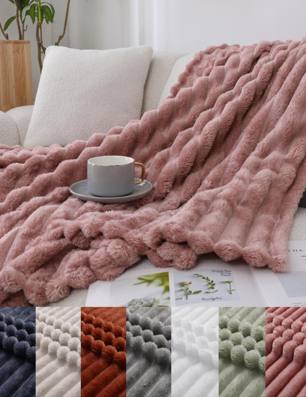 Throw Blanket, Ribbed Texture Navy Blue. Plush Fabric, Soft Modern and Cozy.
