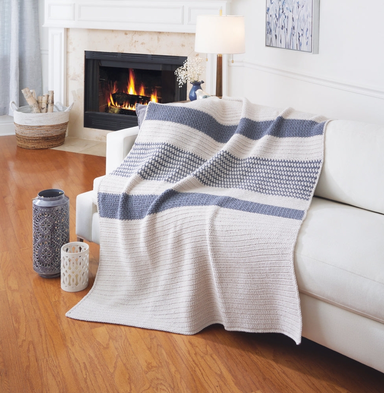Throw Blanket, Ripple Stitch Teal Gray. White Crocheted Striped, Handmade.