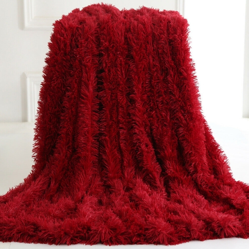 Throw Blanket, Ruby Red Faux Fur, High-Pile Shaggy, Reversible