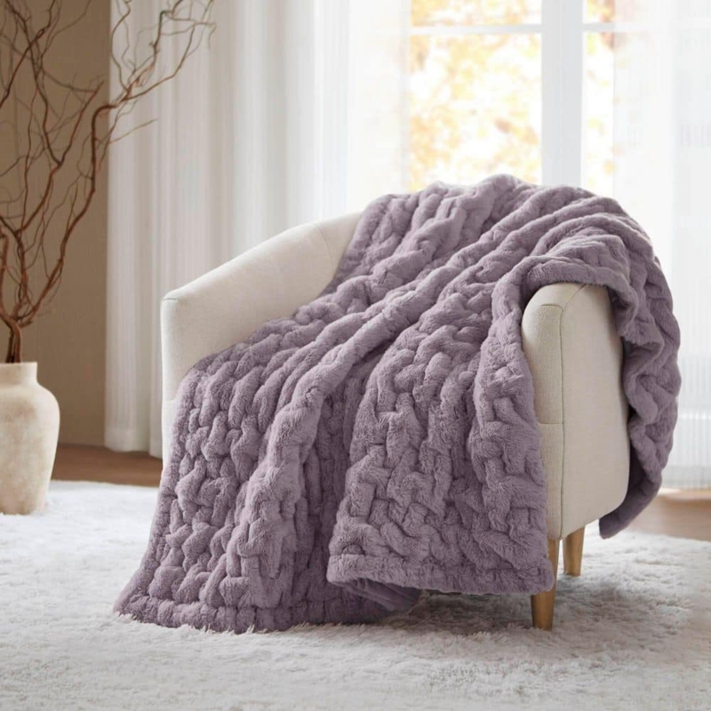 Throw Blanket, Ruched Faux Fur Brushed Long Pile, Lavender Glam