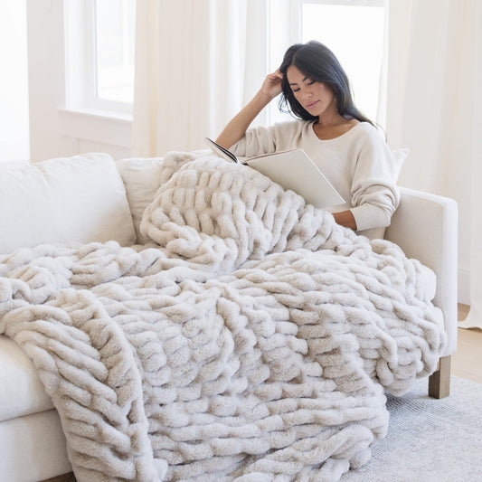 Throw Blanket Ruched Faux Fur Light Grey Plush Texture Luxurious
