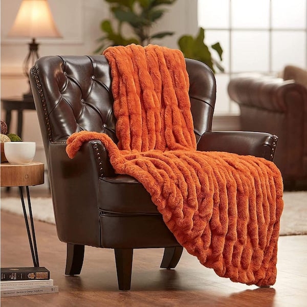 Throw Blanket Ruched Faux Fur Texture Plush Pile Vibrant Orange Glam
