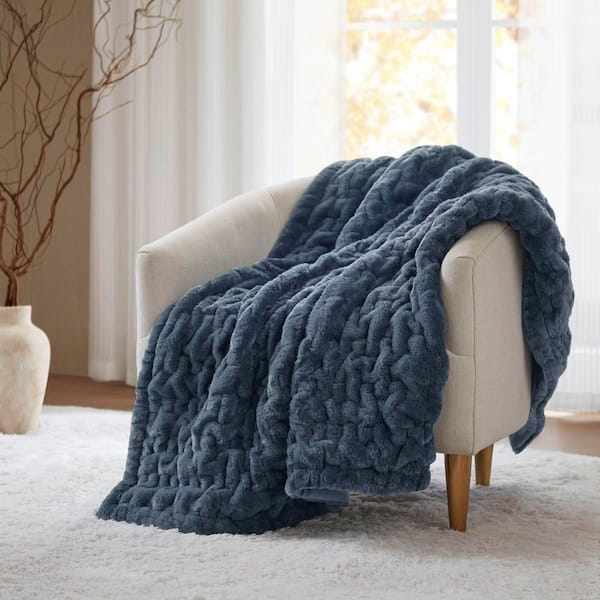 Throw Blanket, Ruched Faux Fur Texture, Slate Blue Accent
