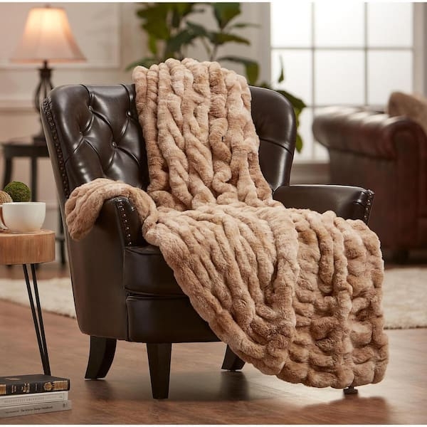 Throw Blanket Ruched Texture Faux Fur Oversized Beige Bedroom Accent