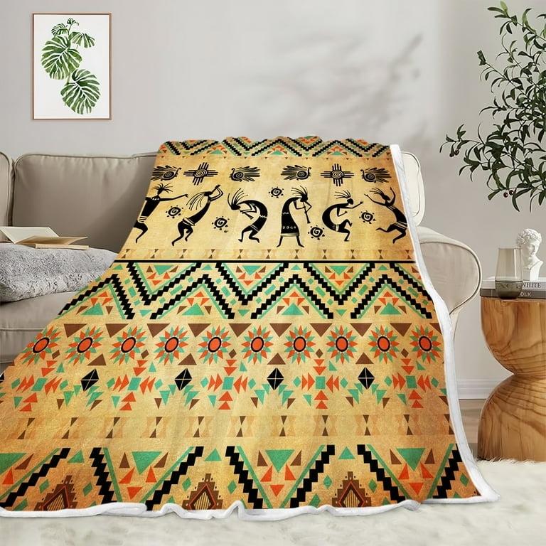 Throw Blanket Rust Orange Charcoal Tribal Motifs Flannel Texture