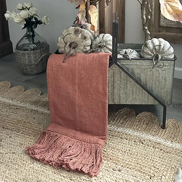 Throw Blanket Rust Orange Woven Fabric Long Fringed Trim Boho Cottage