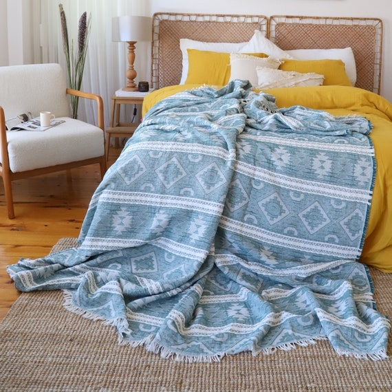 Throw Blanket Rust Tribal Motif Rug Inspired Pattern Fringed Edges
