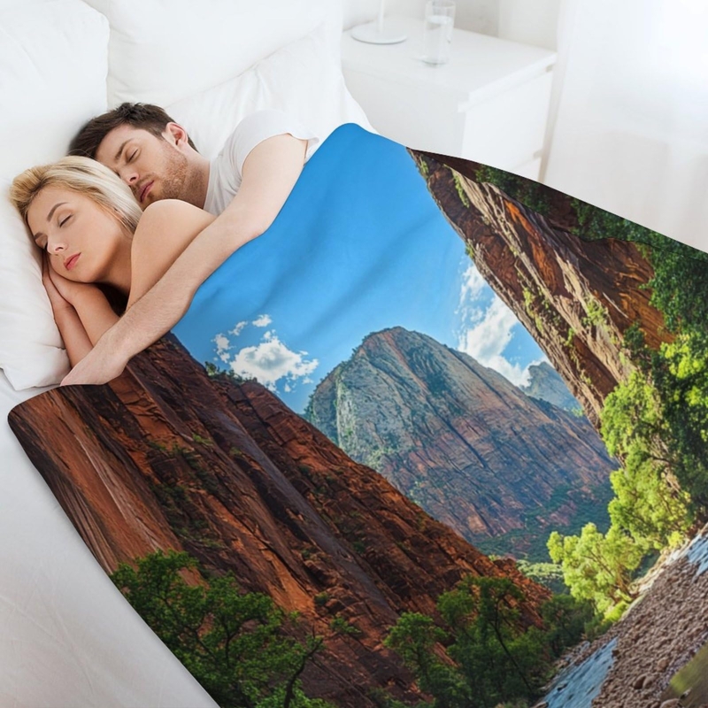 Throw Blanket Rustic Canyon Stream Print Vibrant Terracotta Flannel