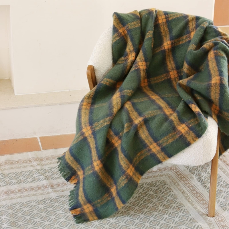 Throw Blanket Sage Green Checkered Corner Tassels Woven Vintage