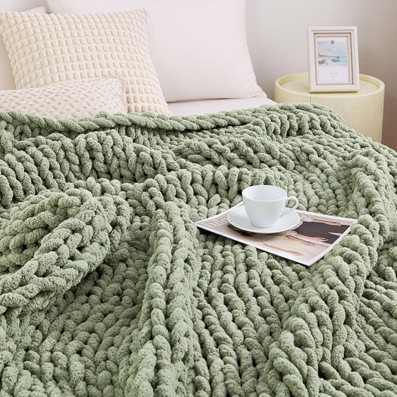 Throw Blanket Sage Green Oversized Loops Chunky Knit Styling