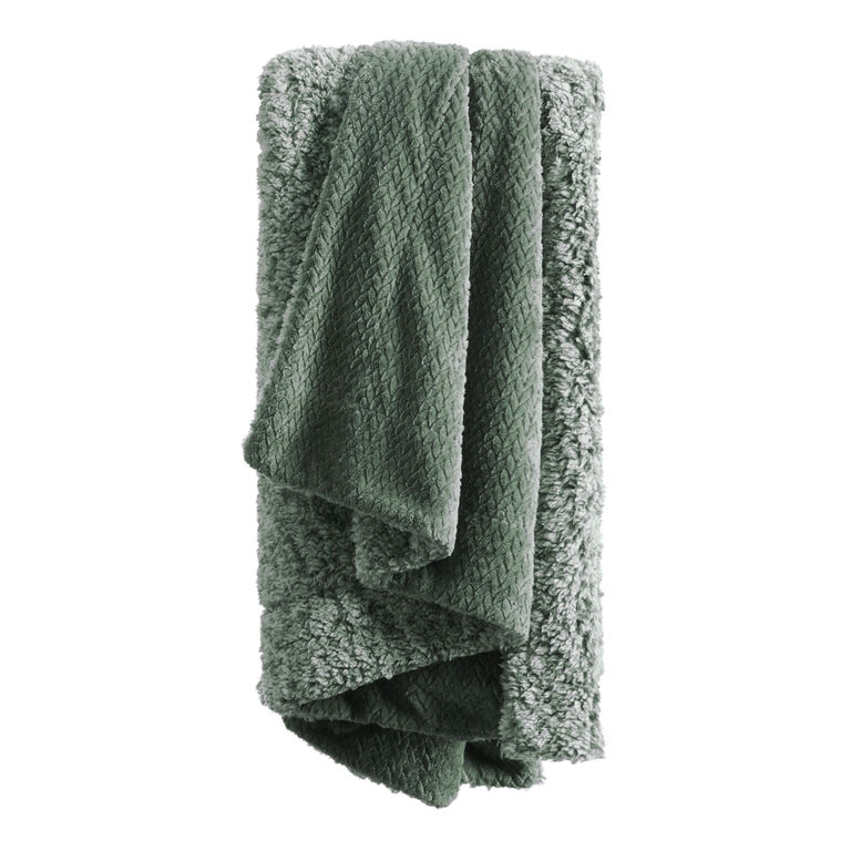 Throw Blanket Sage Green Plush with Cream Sherpa Lining, Earthy Warm