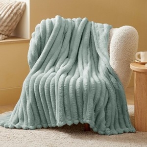 Throw Blanket, Sage Green Wide Striped Fleece for Earthy Tones