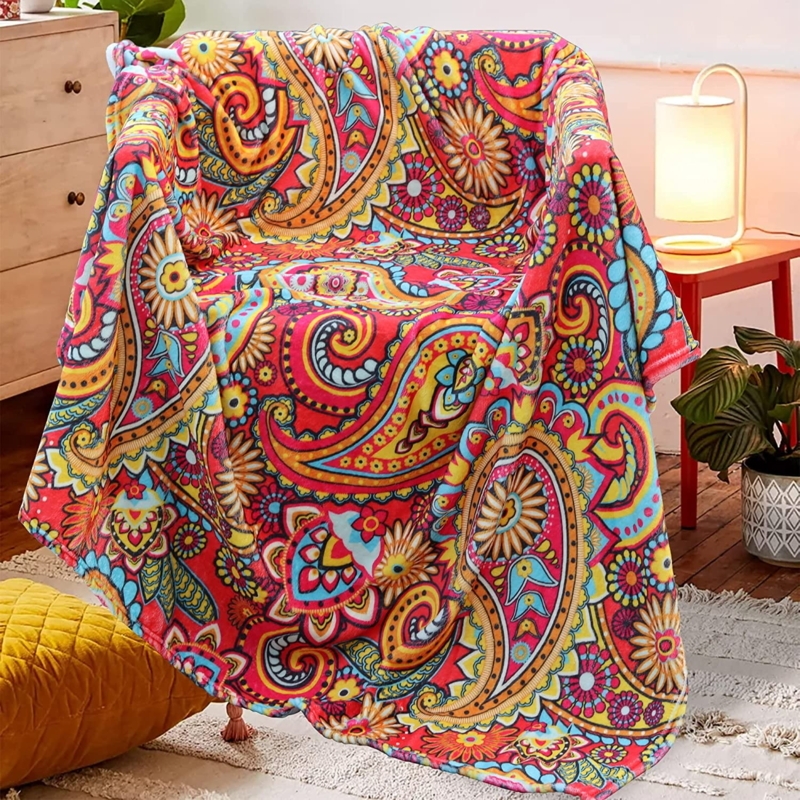 Throw Blanket Saturated Coral Paisley Fleece Bohemian Bedroom Accent