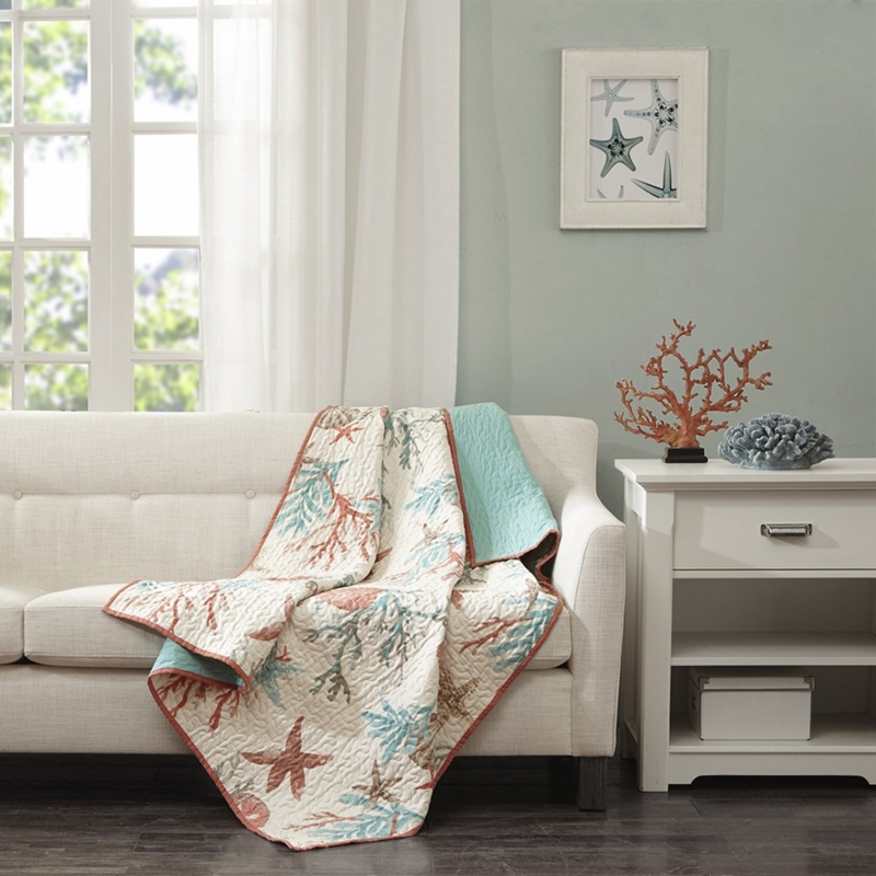 Throw Blanket Scalloped Edges Coral Motif Diamond Quilted Coastal Cotton