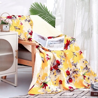Throw Blanket Scalloped Edges Quilted Texture Hummingbird Print Yellow