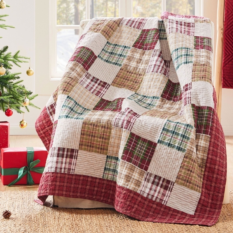 Throw Blanket Scalloped Red Plaid Patchwork Traditional Style