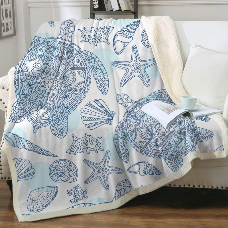 Throw Blanket Sea Turtle Print Sherpa Lined Coastal Green Teal Decor