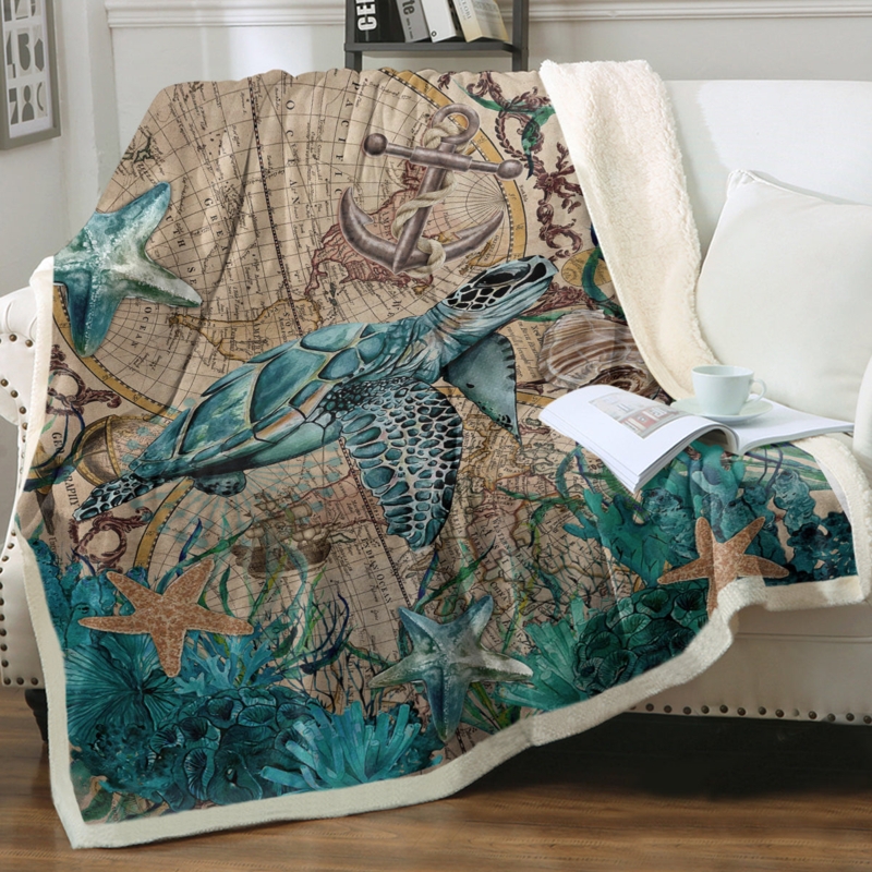 Throw Blanket, Sea Turtle Print Sherpa Lined, Cozy Beach House