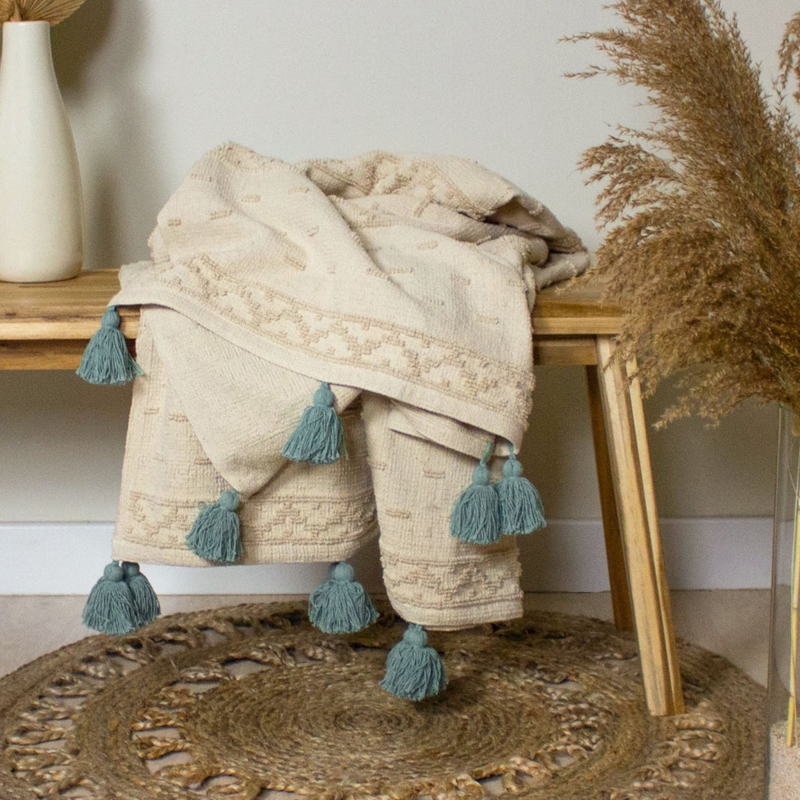 Throw Blanket Seafoam Green Diamond Tufted Cotton Corner Tassels Boho