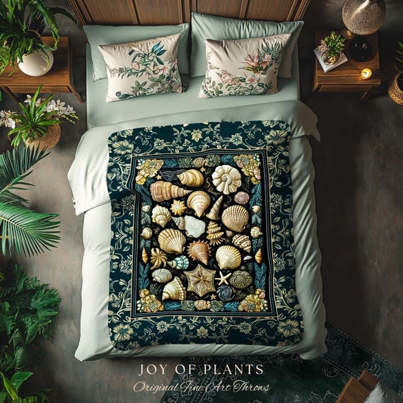 Throw Blanket, Seashell Motif Woven Tapestry Fringed, Maximalist