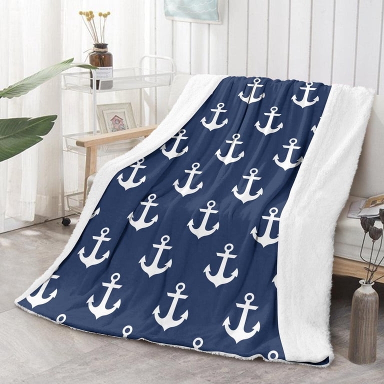 Throw Blanket Set with Anchor Motif and Sherpa Lining