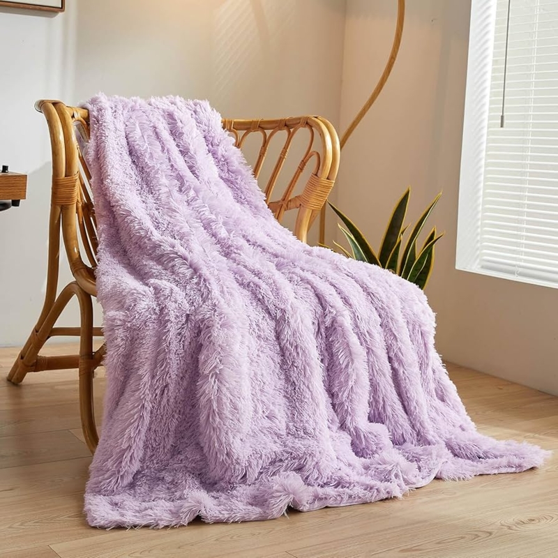 Throw Blanket, Shaggy Faux Fur, Lavender Plush Pile, Glam Living Room