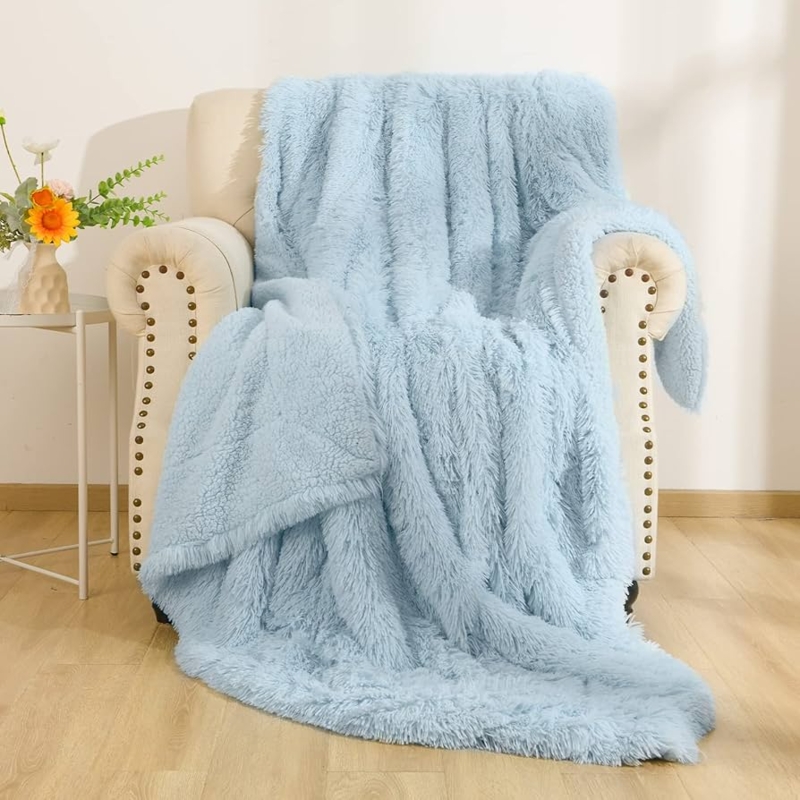 Throw Blanket, Shaggy Faux Fur, Light Blue Sofa Accent