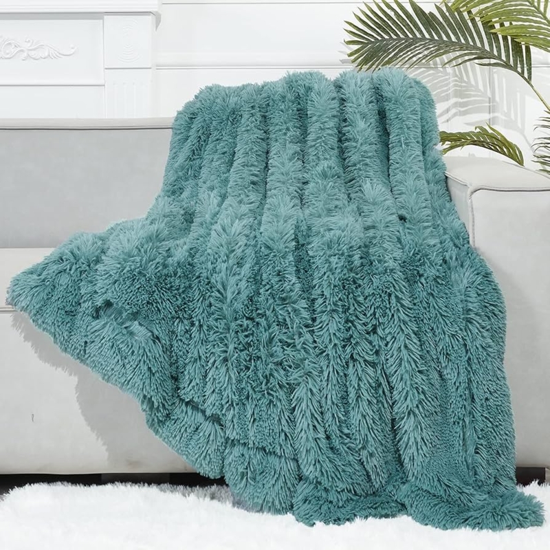 Throw Blanket, Shaggy Long Pile Faux Fur, Light Aqua Plush, Soft Bedding