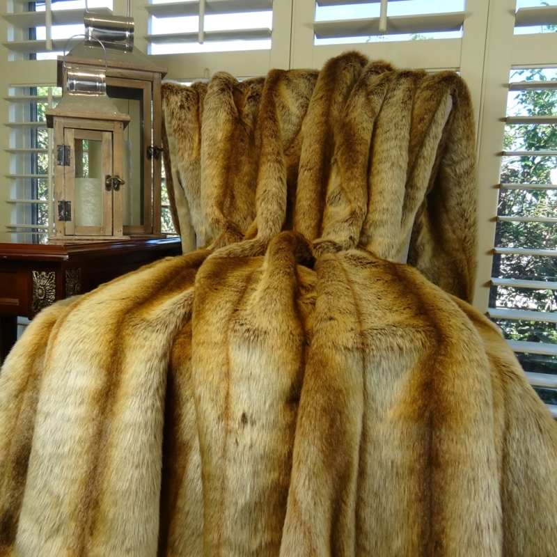 Throw Blanket, Sheared Faux Fur, Gold & Beige Tones