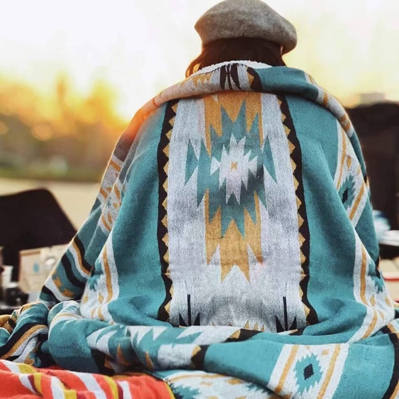 Throw Blanket Sherpa Lined Teal Tribal Pattern Geometric