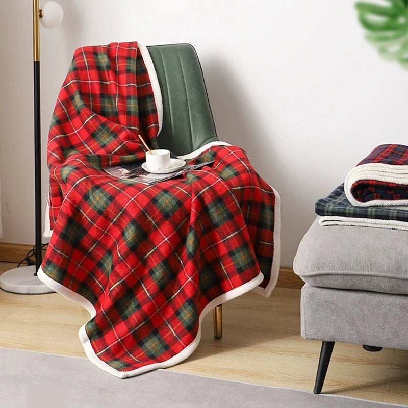 Throw Blanket Sherpa Lining Buffalo Plaid Red Black Plush Fabric