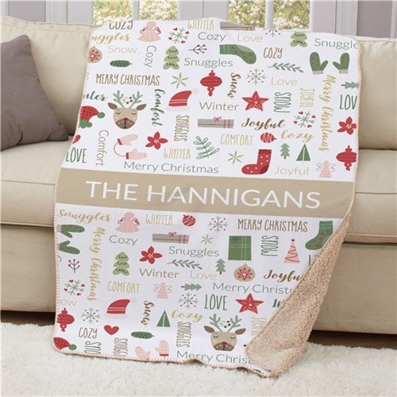 Throw Blanket Sherpa Lining Holiday Word Art Red Gray Festive