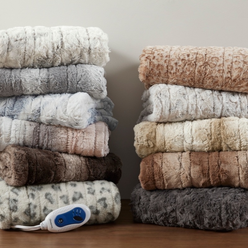 Throw Blanket, Silver Grey Lustrous Faux Fur, High Pile Heated.