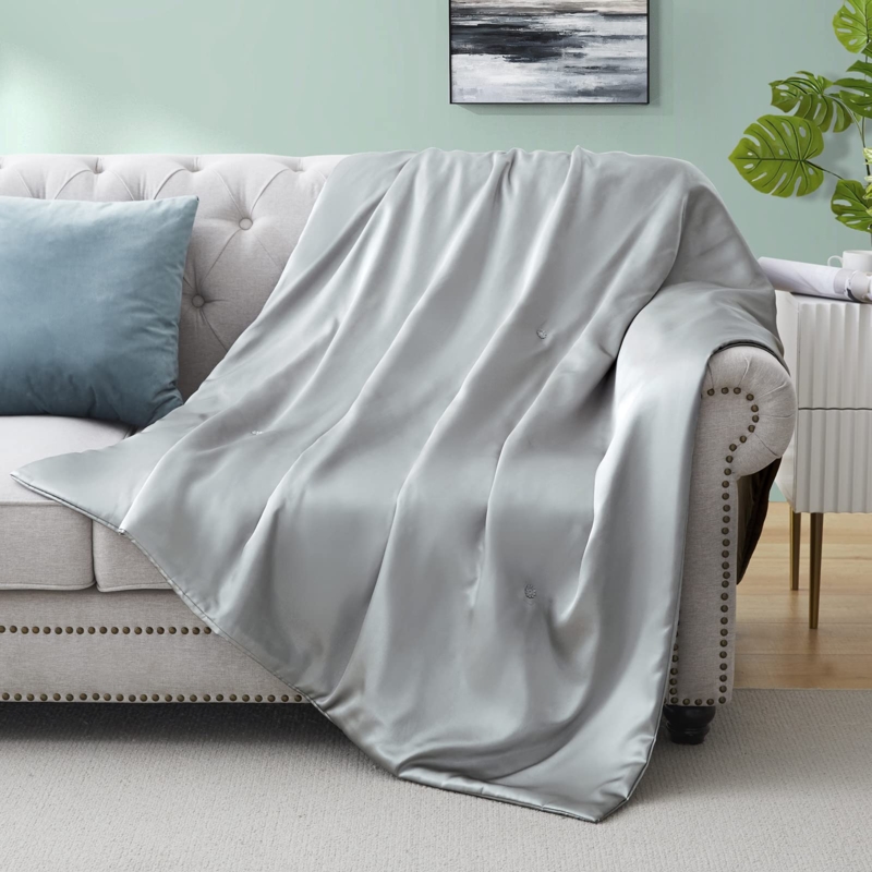 Throw Blanket Silver Grey Satin Finish Packable Design Lightweight