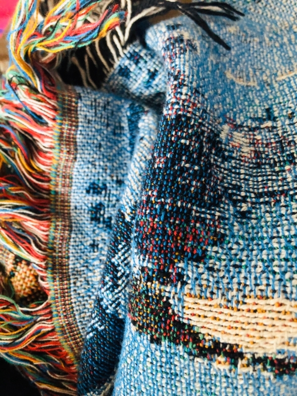 Throw Blanket, Sky Blue Woven Fabric with Knotted Fringe. Coastal Decor.