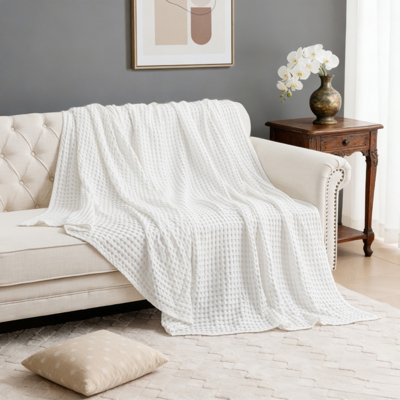 Throw Blanket Slate Blue Large Grid Waffle Weave Textured