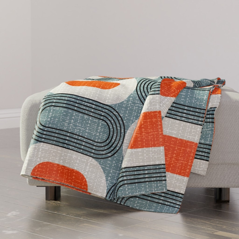 Throw Blanket, Slate Grey Oval Pattern. Fringe Edges, Scandinavian Retro.
