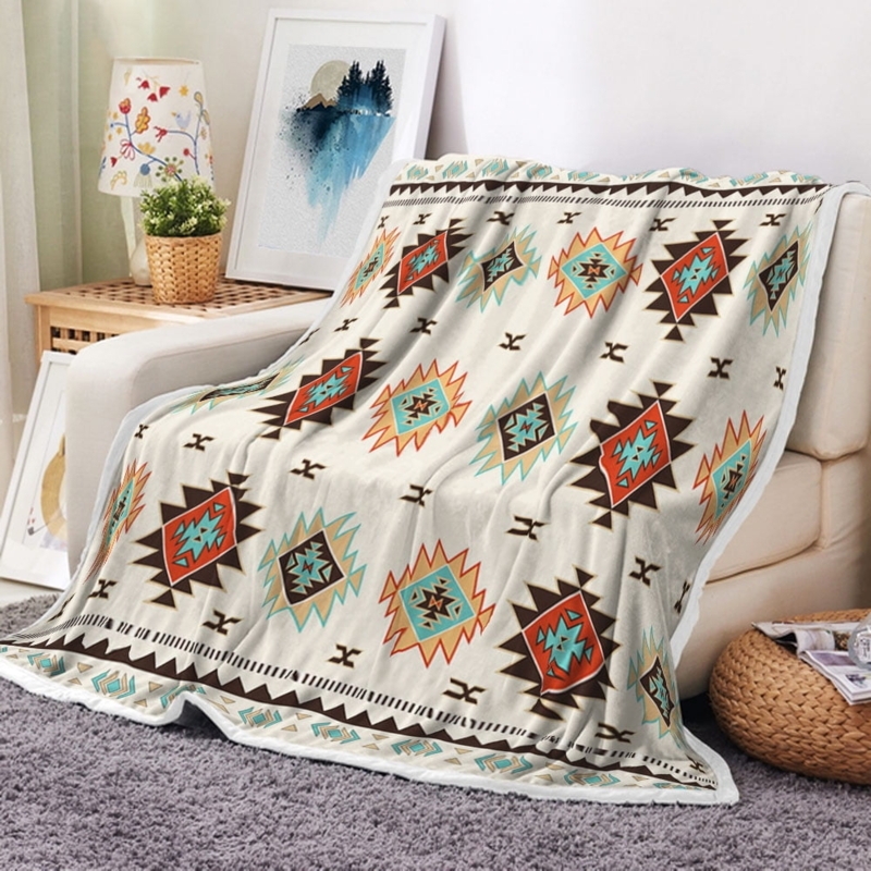 Throw Blanket Southwestern Beige Blue Plush Fleece Fringe Boho Decor
