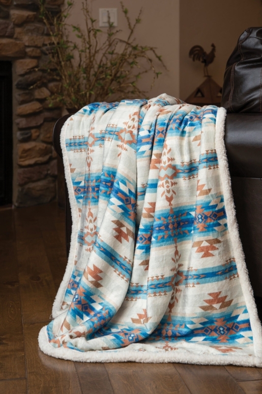 Throw Blanket Southwestern Geometric Navy Terracotta with Sherpa Lining