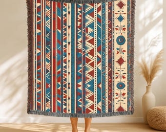 Throw Blanket Southwestern Medallion Pattern Navy Rust Tasseled Fringe