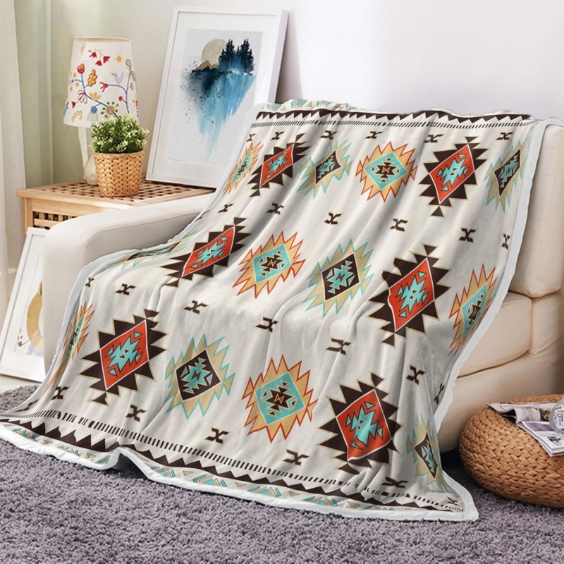 Throw Blanket Southwestern Tribal Fleece Teal Orange Plush