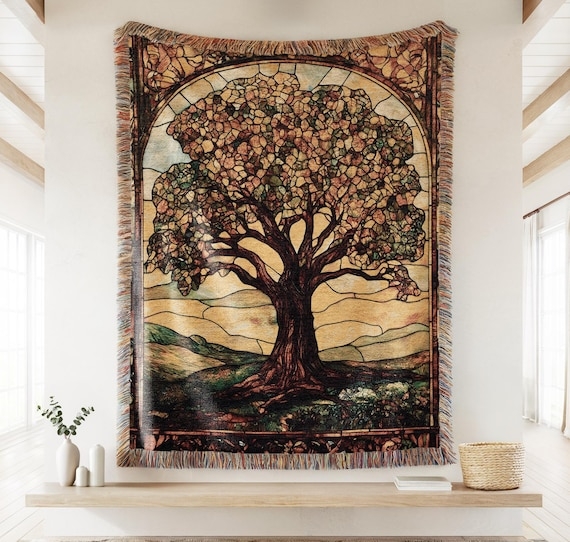 Throw Blanket Stained Glass Oak Tree Motif Woven Jewel Tones