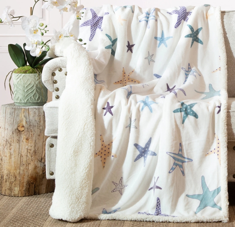 Throw Blanket Starfish Pattern Sherpa Reverse Teal White Coastal Plush
