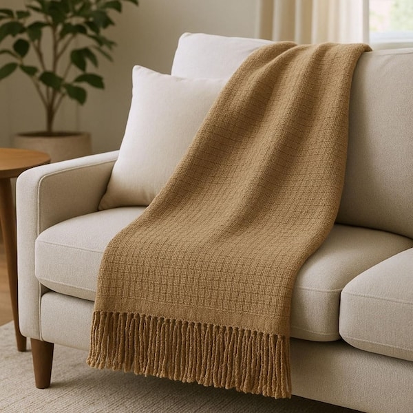 Throw Blanket Stone Waffle Weave Fringed Edges Cotton Blend