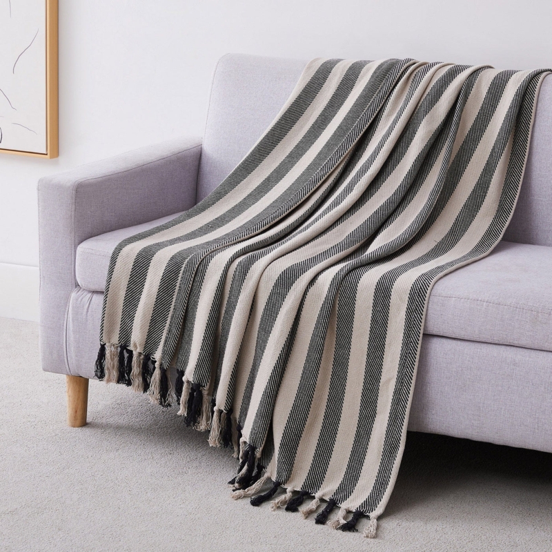 Throw Blanket Striped Cotton Tassels, Striped Bedding Styling