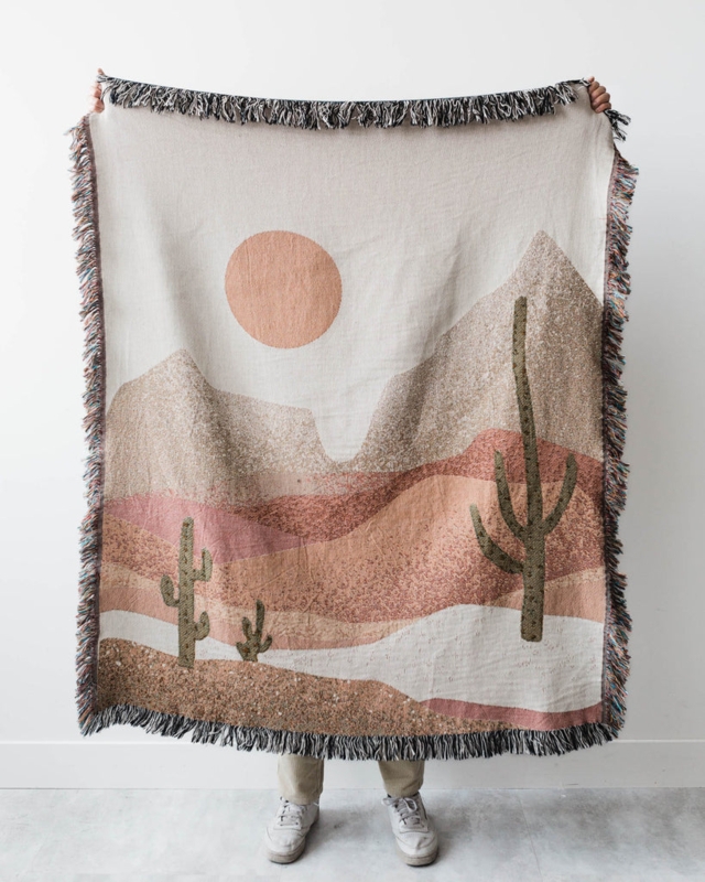 Throw Blanket Sun And Mountain Motif Terracotta Boho Desert Decor
