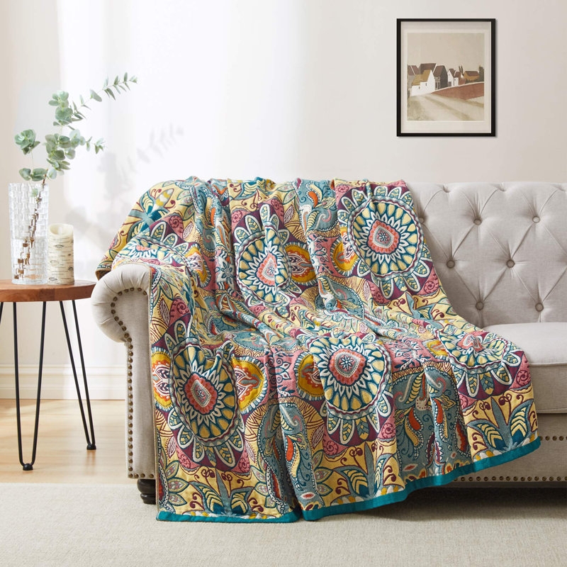 Throw Blanket Sunflower Jacquard Woven Yellow Cotton Tasseled Fringe